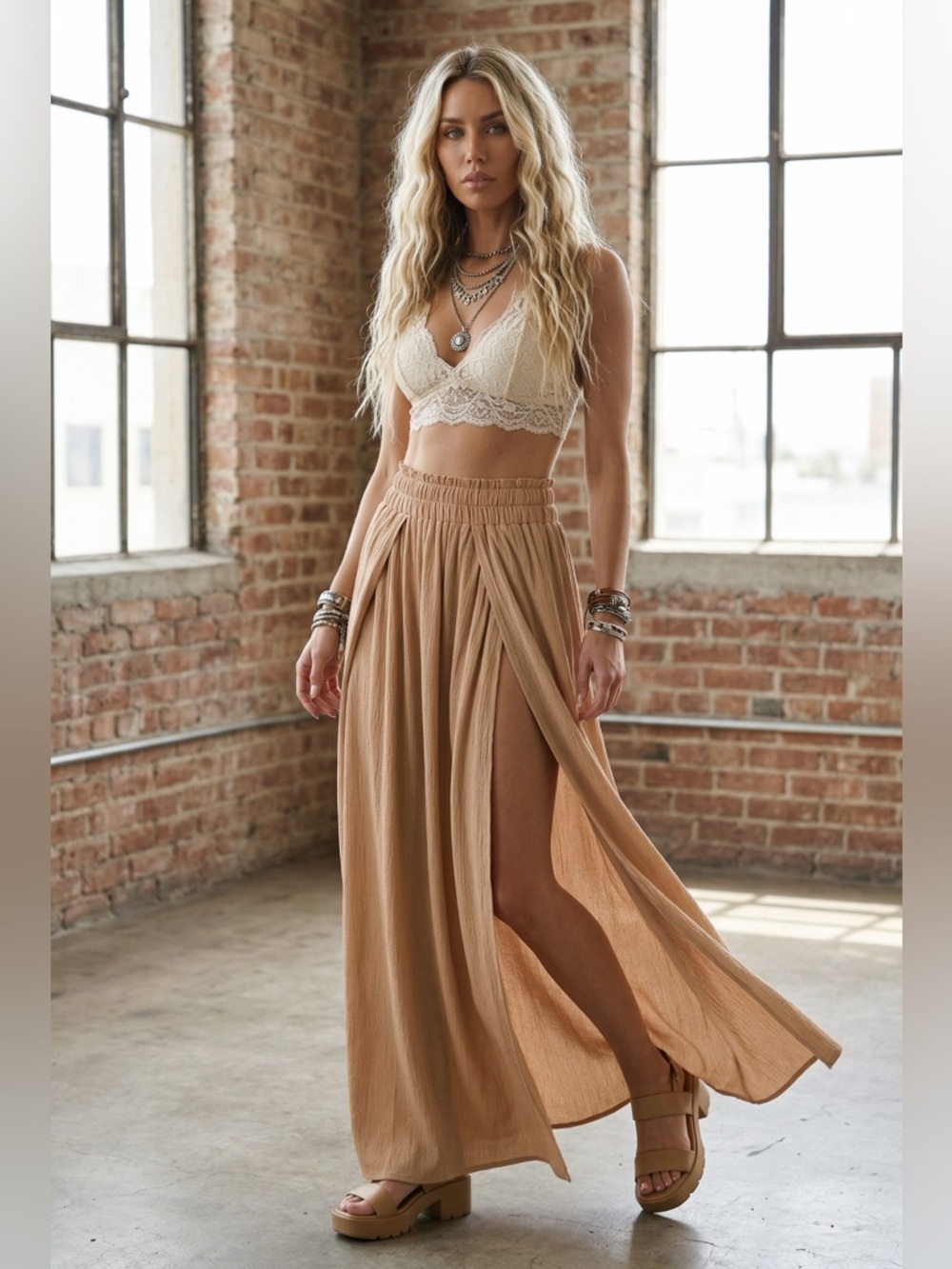 NWT High Double Slit Gauze Crinkle Maxi Skirt Camel